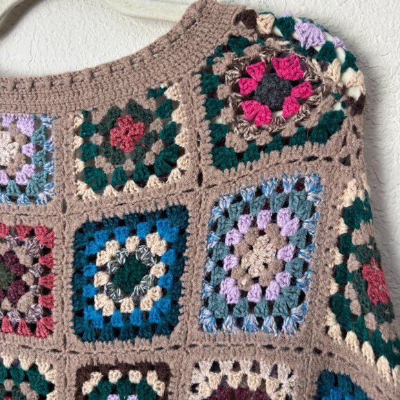 Boho Wool Blend Granny Square Colorful Crochet Poncho Sweater Top - Picture 8 of 11